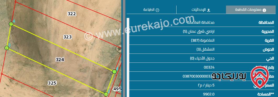 قطعة أرض مساحة 9 دونم و 898 م للبيع من أراضي جنوب عمان - قرية الماضونه