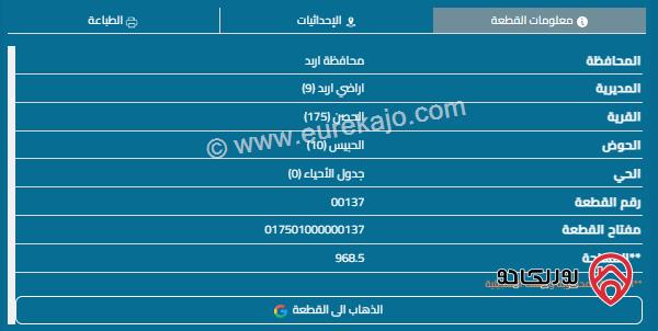 قطعة أرض مساحة 978م للبيع في اربد - الحصن 