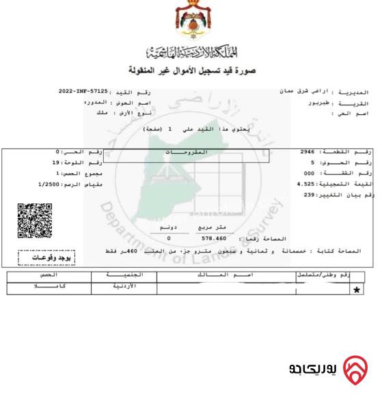 قطعة أرض مساحة 578م للبيع في عمان - طبربور	