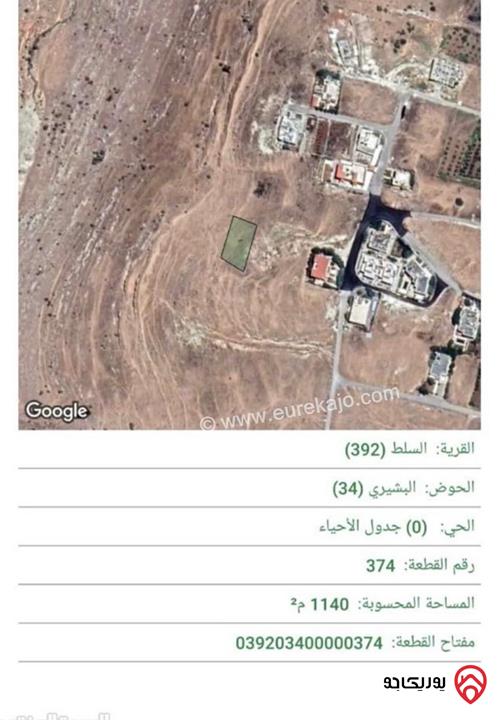 قطعة ارض مساحة 1 دونم و 140م للبيع في السلط - السرو المدينة الجديدة بالقرب من مشروع المول