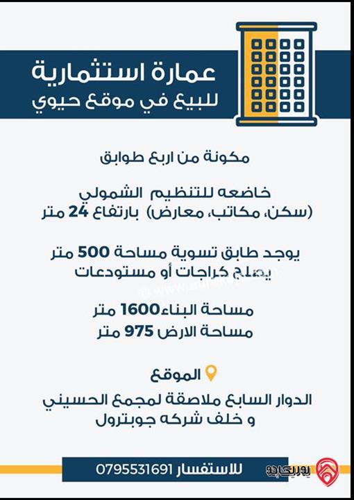 عمارة استثمارية مكونة من 4 طوابق على أرض 975م للبيع في عمان - السابع