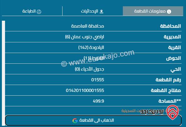 قطعة أرض مساحة 500م للبيع في عمان - منطقة اليادودة