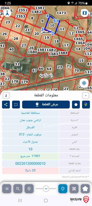 أرض مساحة 11 دونم و 500م للبيع في عمان - القسطل حوض عرقوب النعام