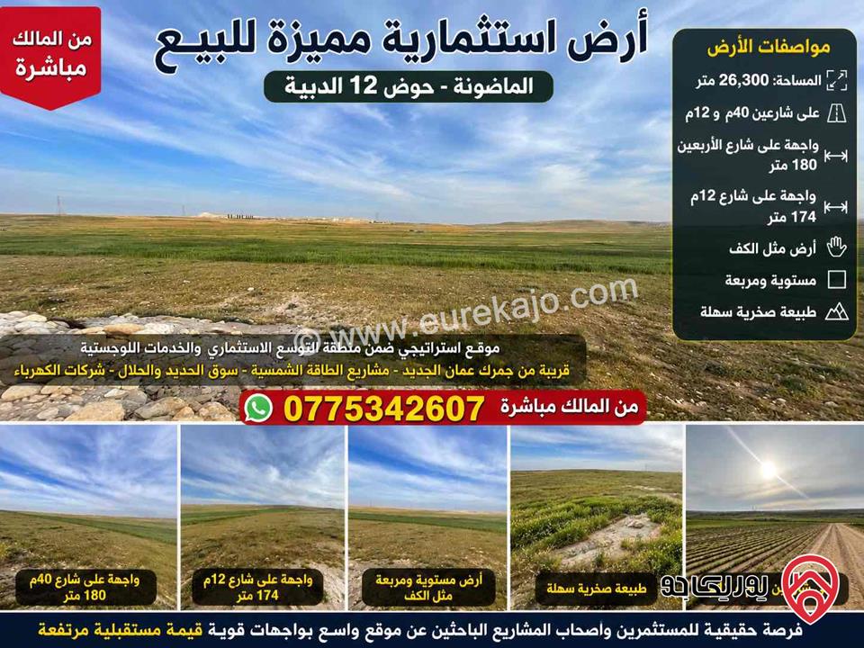 فرصة استثمارية مميزة أرض مساحة 26 دونم و 300م للبيع  من أراضي جنوب عمان - الماضونة قرب جمرك عمان الجديد 