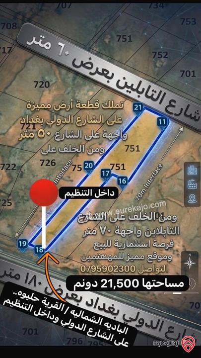 قطعة أرض مساحة 21 دونم و 500م للبيع في المفرق أراضي البادية الشمالية 