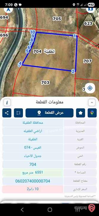 قطعة أرض مساحة 6 دونم و 551م للبيع في الطفيلة 