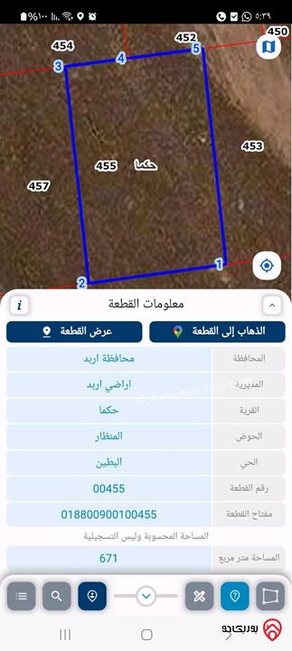 قطعة أرض مفروزة مساحة 671م للبيع في اربد - حكما شمال مخابز السنبلة/خلف مجمع البطين التجاري