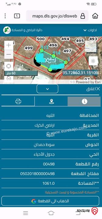 قطعة أرض مساحة 1061م للبيع في منطقة الكرك - الثنية