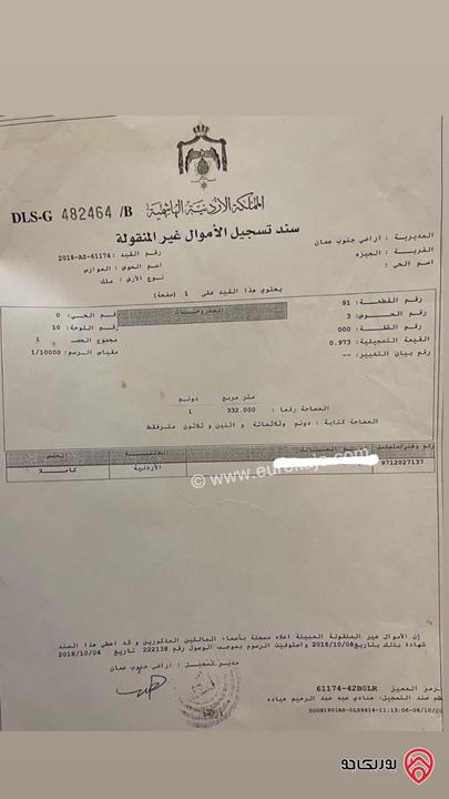 قطعة ارض مساحة 1 دونم و 305م للبيع في عمان - الجيزة 