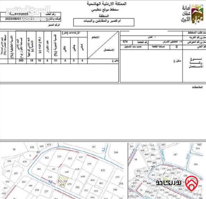 ارض على شارعين مساحة 506م للبيع في عمان - المقابلين من المالك مباشرة 