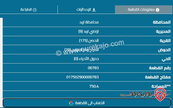 قطعة أرض على شارعين مساحة 751م للبيع في اربد - الحصن	