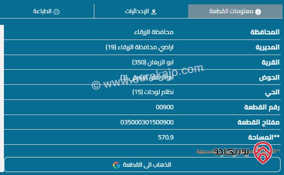 قطعة أرض مساحة 571م للبيع في الزرقاء - أبو الزيغان	