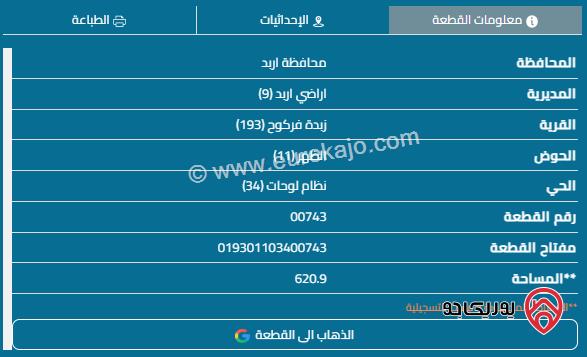 قطعة أرض مساحة 620م للبيع في اربد زبدة فركوح