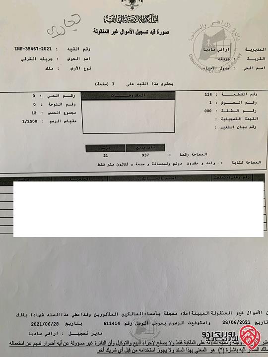 ارض استثمارية مساحة 21 دونم و 937م للبيع في مادبا - جرينة الشرقي