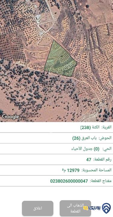 قطعة أرض مساحة 13 دونم للبيع في جرش - الكتة