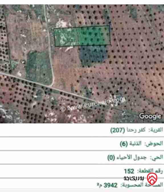 قطعة أرض مساحة 4 دونم مفروزة للبيع في اربد - كفر رحتا