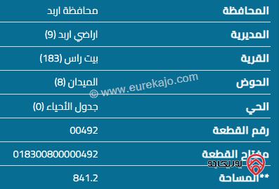 قطعة أرض للبيع مساحة 841م في اربد - بيت راس