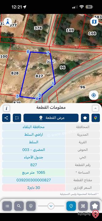 قطعة ارض مطلة مساحة 1 دونم و 65م للبيع في السلط - وادي الحور