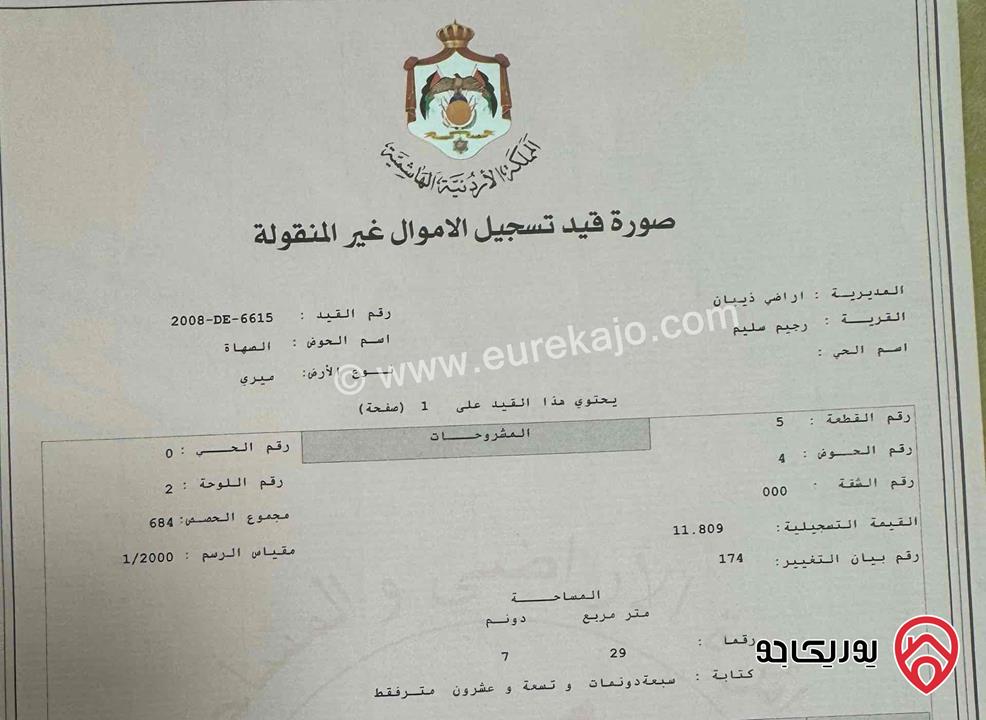 قطعة ارض ميري مساحة 7 دونم للبيع في مادبا - ذيبان 