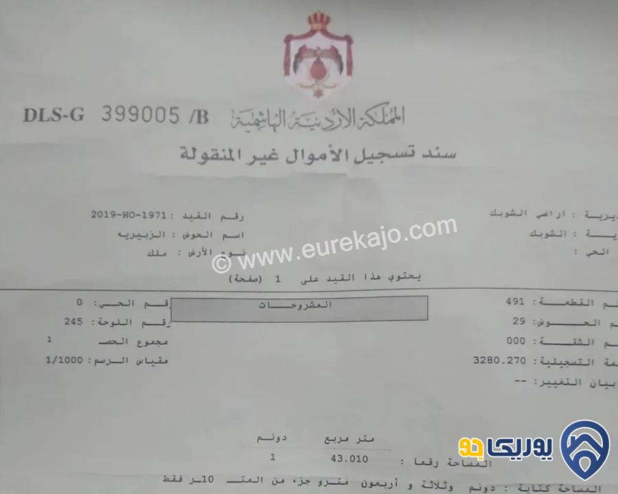 قطعة أرض مساحة دونم للبيع في الشوبك داخل التنظيم على الشارع