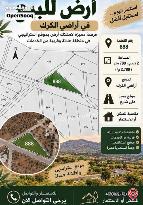 أرض إستثمارية مفروزة مساحة 2 دونم و 789م للبيع في الكرك - إدر