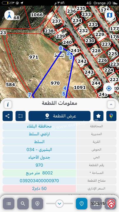 قطعة ارض مساحة 8 دونم للبيع في السلط السرو حوض البشيري