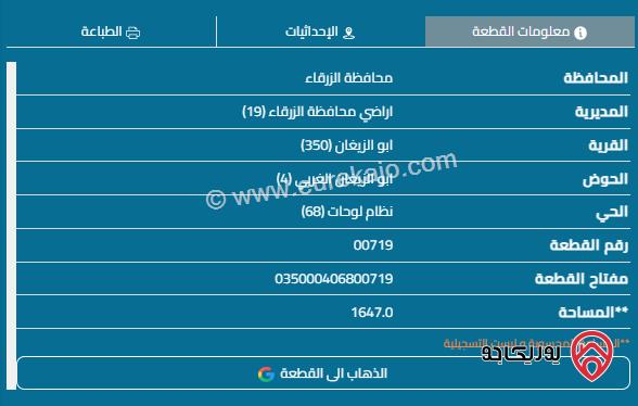 قطعة أرض مساحة 1647م للبيع في الزرقاء - أبو الزيغان	