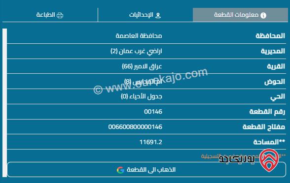 قطعة أرض مساحة 11691م للبيع في عمان الغربية وادي السير عراق الامير 