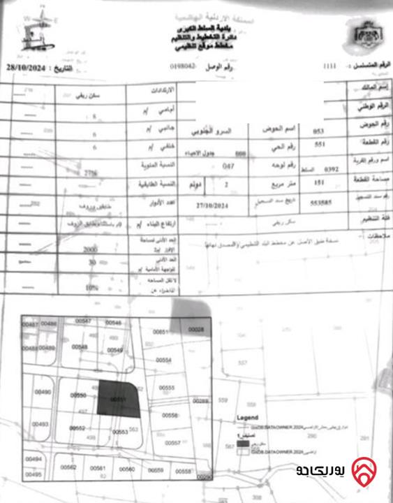 قطعة ارض مساحة 2 دونم و 151م للبيع في السلط - السرو بسعر 150 الف للدونم 