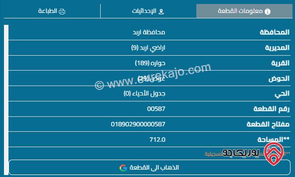 قطعة أرض مساحة 708م للبيع في اربد - حوارة	