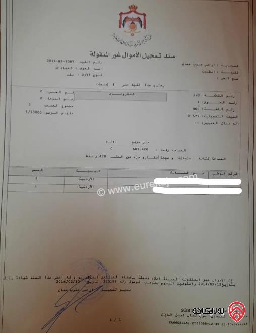 قطعة أرض مساحة 607م للبيع في عمان - الطنيب