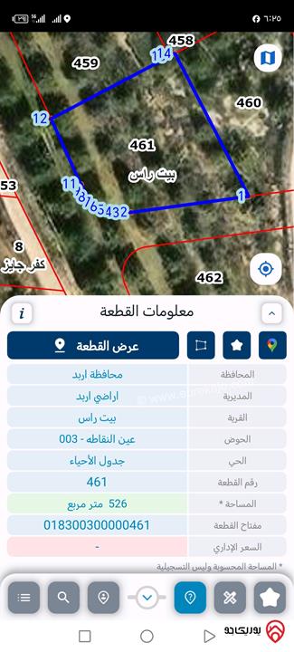 قطعة ارض للبيع في اربد- بيت راس مساحة 526م