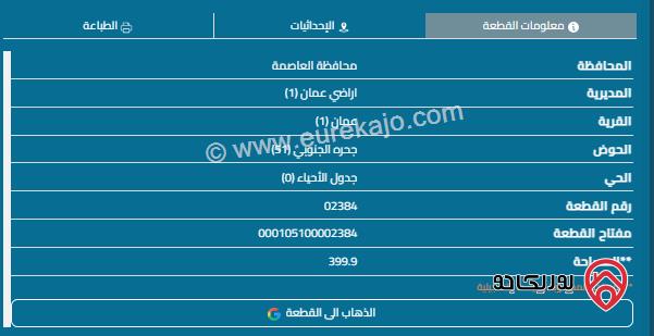 قطعة أرض مساحة 400م للبيع في ضاحية الياسمين 