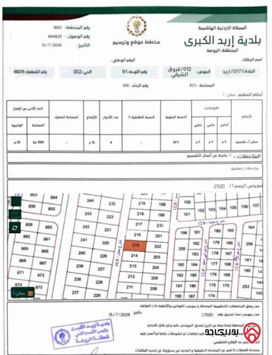 قطعة أرض مساحة 823م للبيع في اربد - الحي الشرقي 
