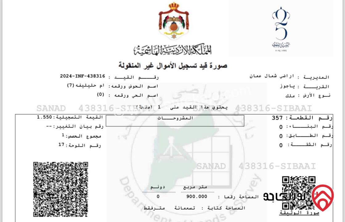 أرض مساحة 900م للبيع في عمان - منطقة ضاحية الرشيد ، شارع صالح القرعان