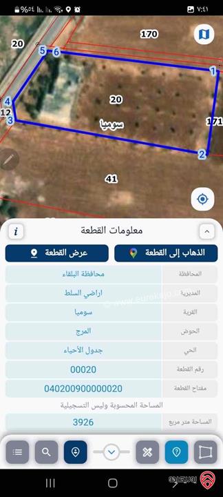 قطعة ارض مساحة 3 دونم و 970م للبيع في السلط - سوميا