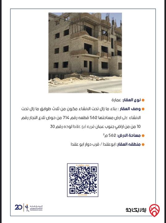 عمارة 4 طوابق على أرض 562م للبيع في عمان - ابو علندا قرب دوار كارفور 