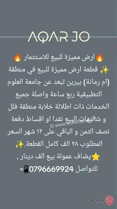 قطعة ارض استثمارية مميزة مساحة 500م للبيع في بيرين - ام رمانة اقساط او كاش 