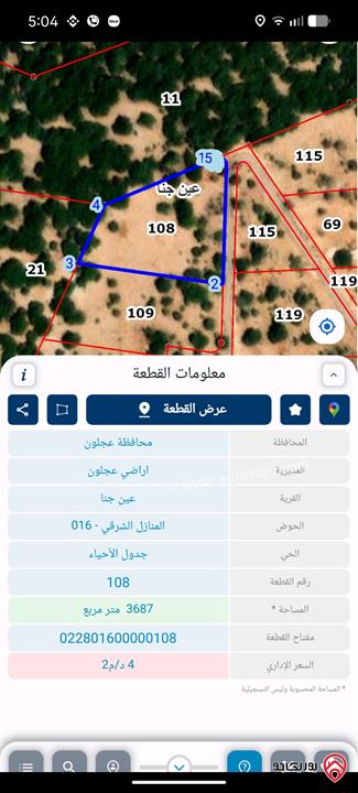 أرض مساحة 3 دونم و 687م للبيع في عجلون - بين جبال عين جنا