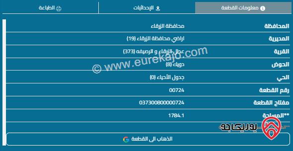 قطعة أرض مساحة 1784م للبيع في الزرقاء - الدويك