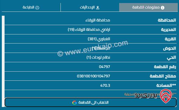 قطعة أرض على شارعين مساحة 471م للبيع في الزرقاء - الغباوي	