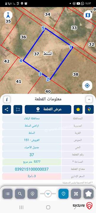 قطعة ارض مساحة 5 دونم و 350م للبيع في السلط - الفروش