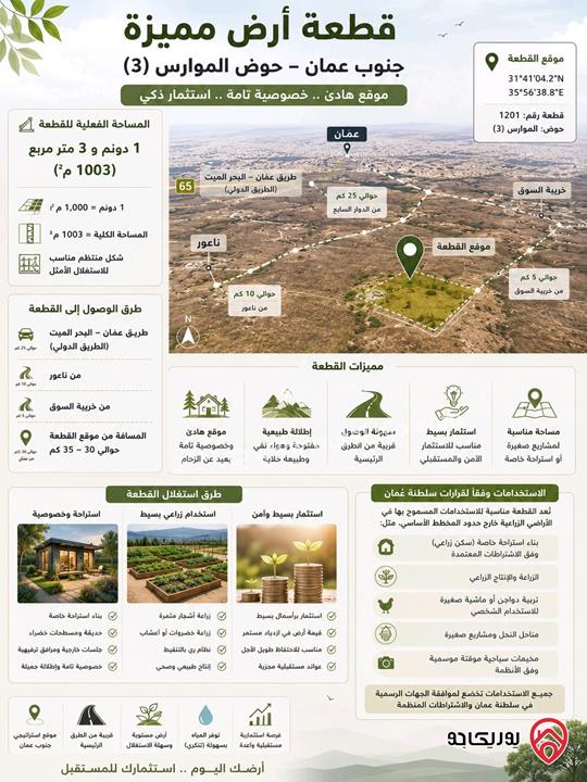 قطعة أرض مساحة 1 دونم للبيع في عمان - الجيزة