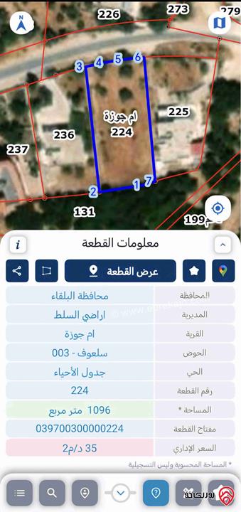 قطعة أرض مساحة 1096 متر مربع للبيع في السلط - ام جوزة نهاية دعم الغزالات
