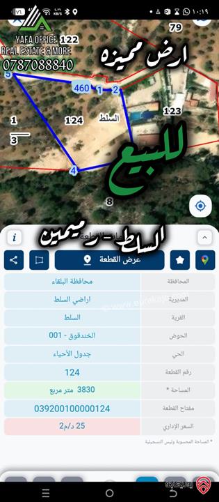 أرض مساحة 3830م للبيع في السلط - منطقة رميمين (منطقة حيوية ومميزة بطبيعتها)
