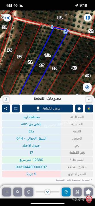 قطعة ارض مساحة 12 دونم للبيع في اربد من أراضي بني كنانة - ملكا السهل الجواني