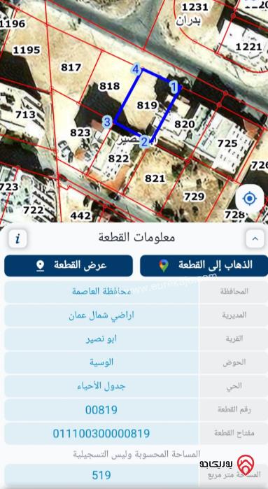 قطعة أرض مساحة 519م للبيع في عمان - أبو نصير	