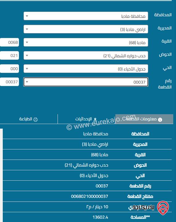قطعة ارض مساحة 13 دنوم و 600م للبيع في مادبا