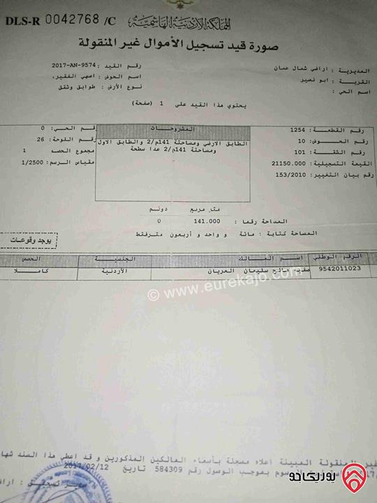 شقتين في عمارة من ثلاث طوابق كل طابق شقة واحدة فقط  مساحة الأرض 250 متر مربع و مساحة كل طابق 150م في قوشان واحد كل شقة ساعة كهرباء منفصلة و المياه الشقتين ساعة وحدة للبيع في عمان - ابو نصير 