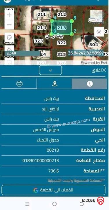 قطعتين ارض مساحة 736م و 743م للبيع في اربد - بيت راس حوض سريس الخمس